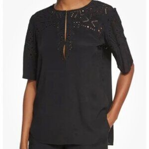 Theory Black Antazie Ghost Crepe Eyelet Blouse